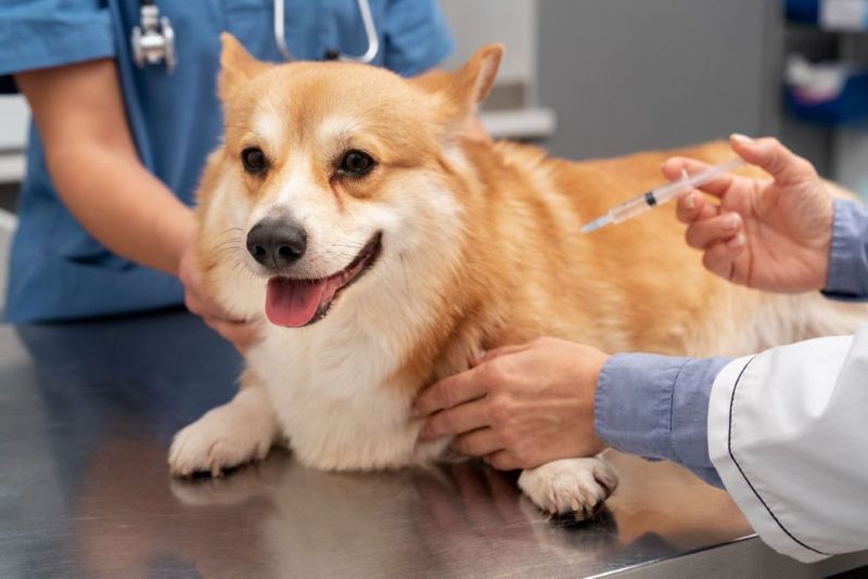 Dog receiving a vaccination at a veterinary clinic in Canada